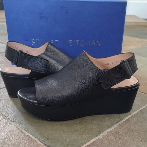 Stuart Weitzman Black Leather Shoes Platform Sandals - Picture 1 of 6